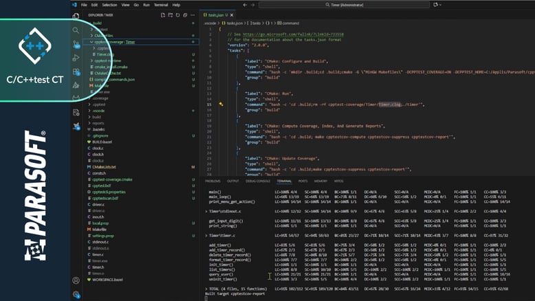 Parasoft C/C++test CT interface in Visual Studio Code showing a C/C++ project configured for system-level code coverage, with build tasks, source files, and coverage metrics displayed in the integrated terminal.