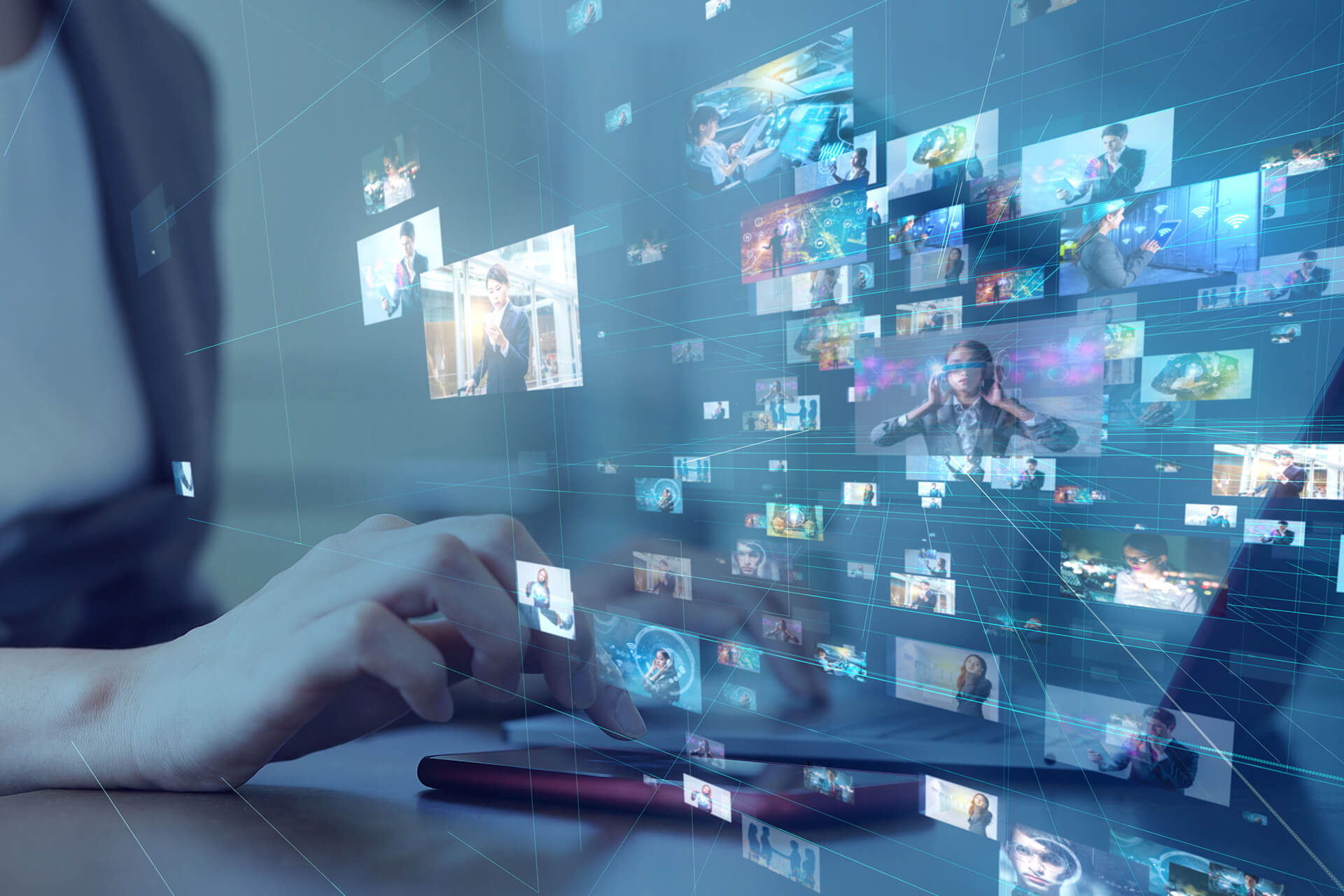 Slider showcasing Telecom with a woman using her phone and multiple people represented inside