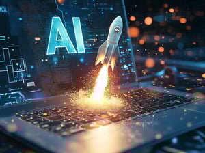 Image of a laptop with AI displayed on the screen in front of testing data and a small rocket blasting off from the keyboard.