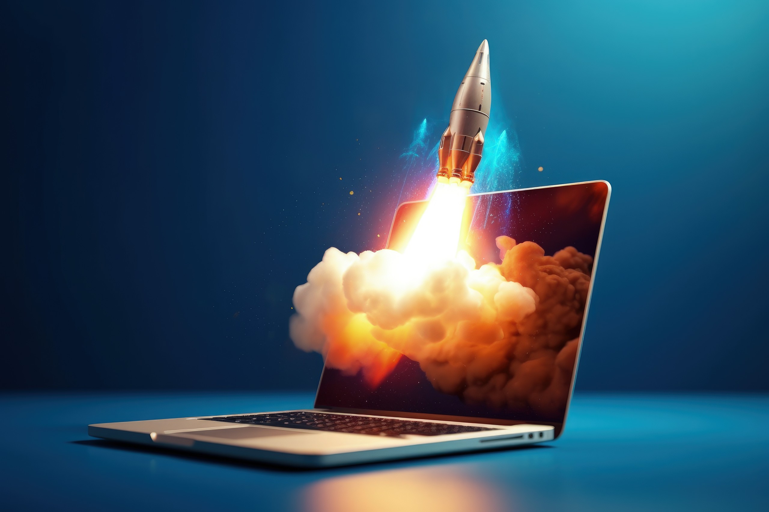 Graphic of rocket launching out of computer