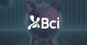 BCI logo in foreground in white with a front shot of a large pink pig piggy bank in a faded background.