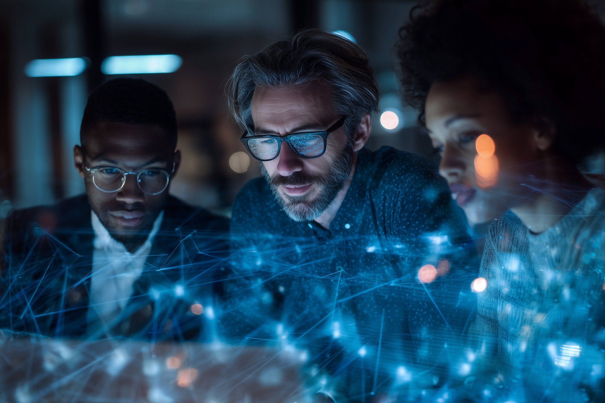 Image of three people looking at a computer screen with abstract connectivity overlay